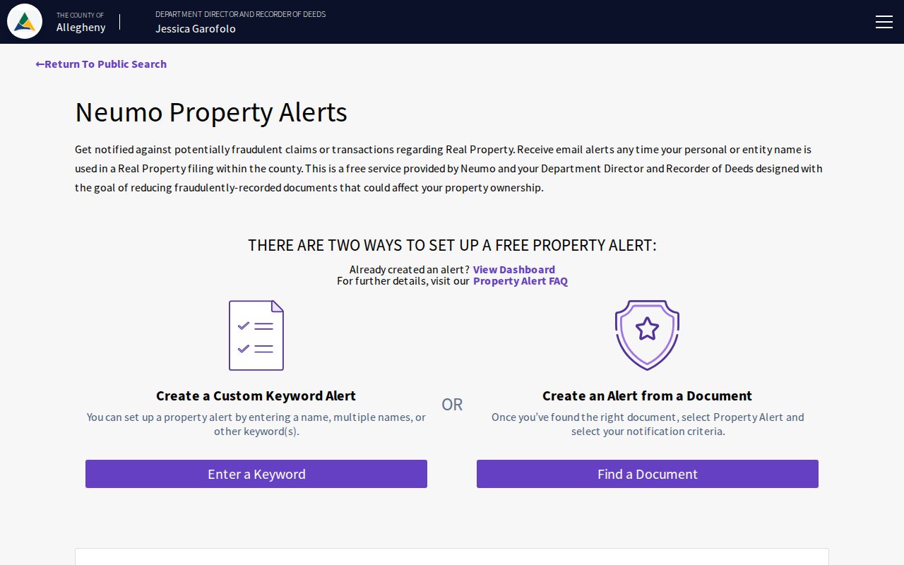 Mount Lebanon residents directory Allegheny County Property Alert monitoring screen