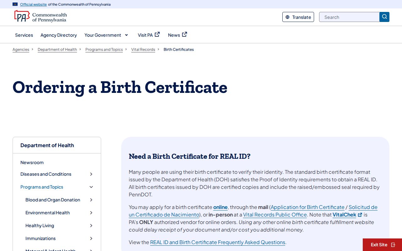 Mount Lebanon resident lookup with Pennsylvania birth certificate instructions