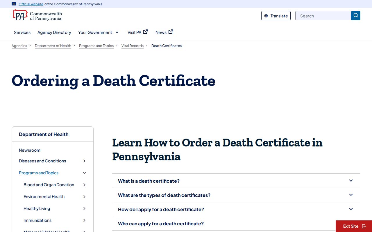 Mount Lebanon resident lookup with Pennsylvania death certificate instructions
