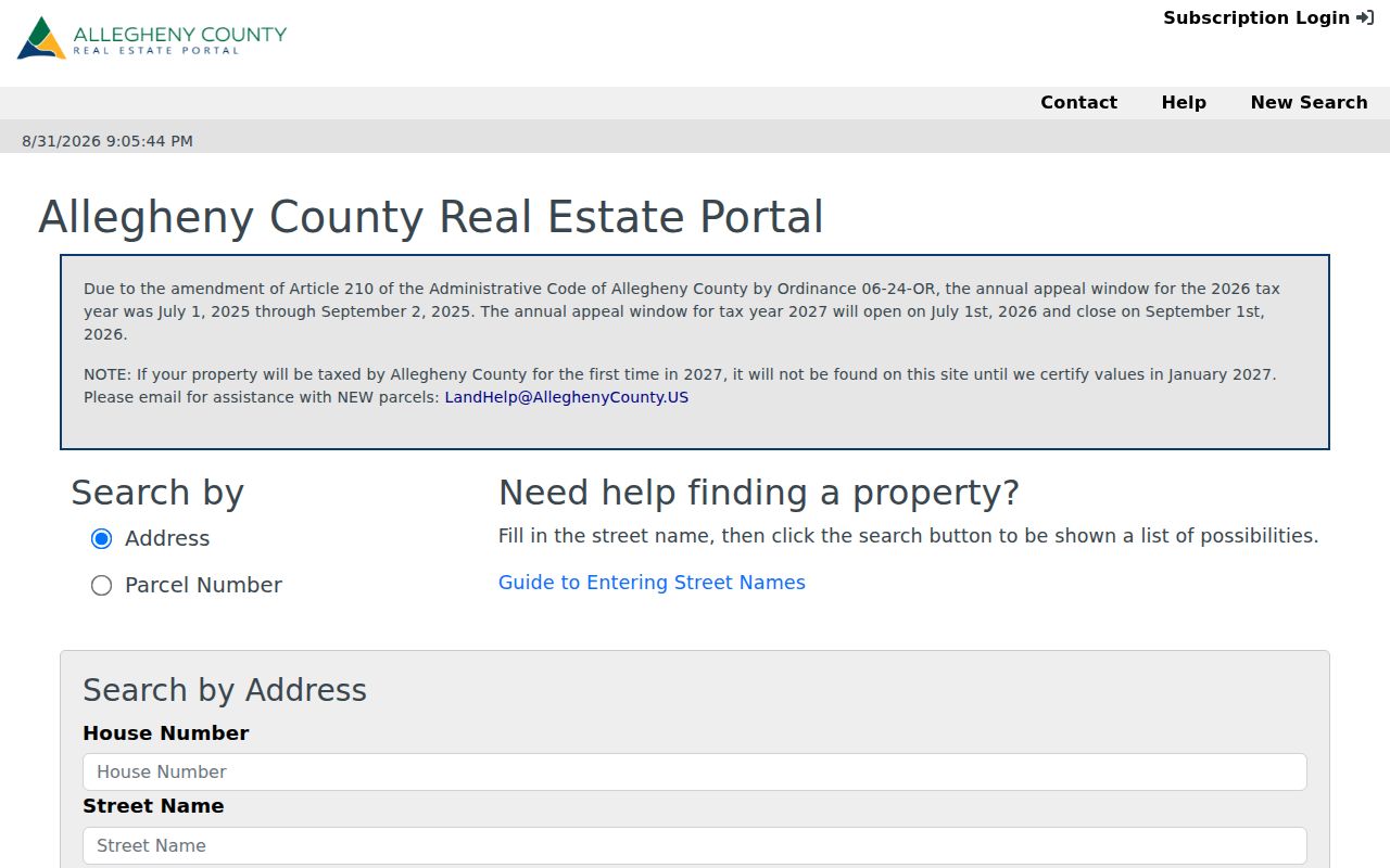 Mount Lebanon street directory Allegheny County address and parcel search screen
